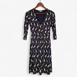 Boden Blue Patterned 3/4 Sleeve Ruched V-Neck Faux Wrap Soft Jersey Midi Dress 4